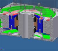 CAD drawing showing the construction of the focus actuator.
Both the objective lens holder (gray inner body) and the stator part of the actuator (blue body) that also acts as balance mass are mounted with leafsprings to the outer housing of the actuator.